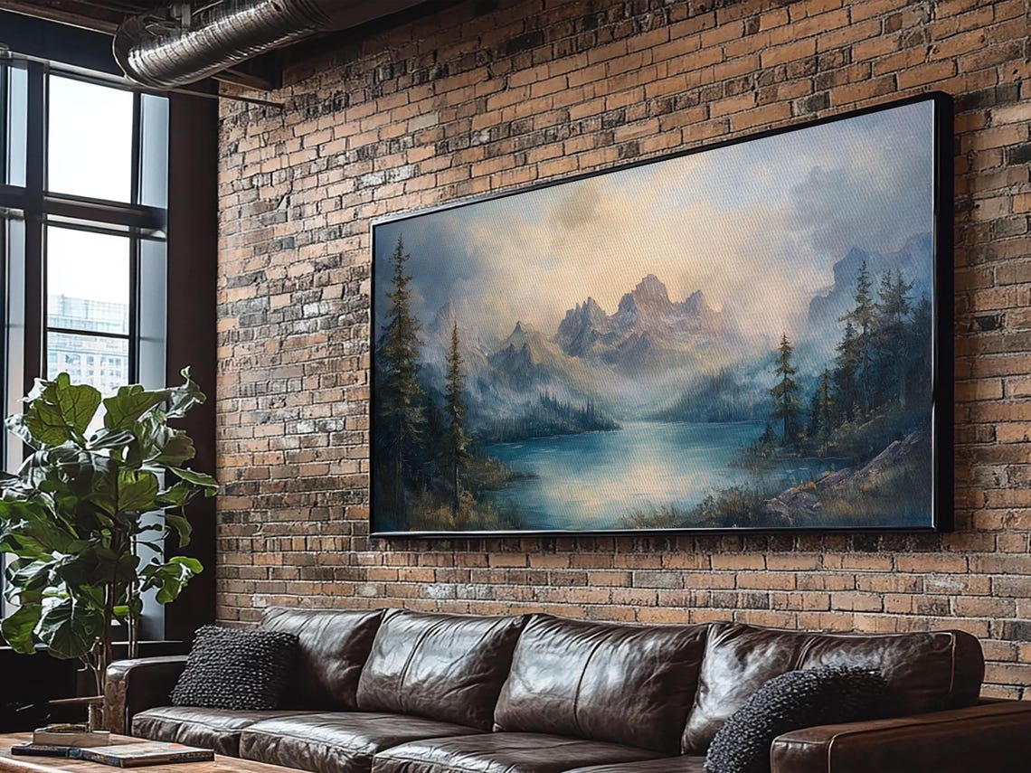 Foggy Mountain Lake Misty Pines Blue Panoramic Landscape Poster