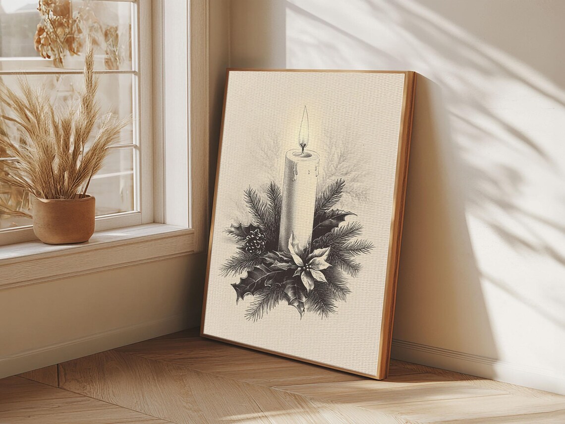 Lit Christmas Candle With Holly and Pine Vintage Sketch Holiday Poster - Image 6