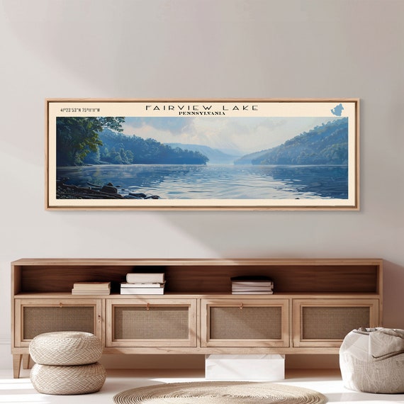 Fairview Lake Pennsylvania Framed Print Lake House Decor Panoramic Wall Art Travel Poster Rustic Lake Painting Home Decor