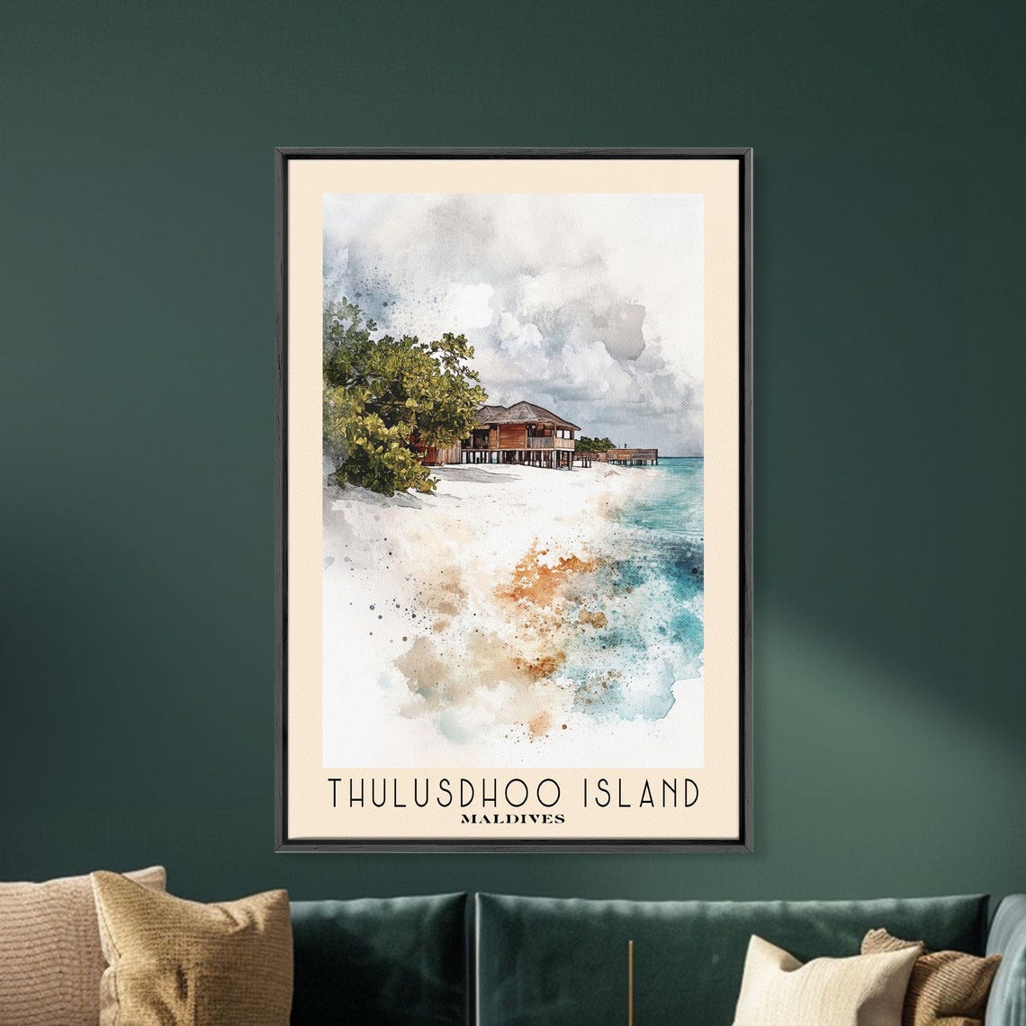 Thulusdhoo Island Maldives Overwater Bungalow Beach Watercolor Poster - Image 5