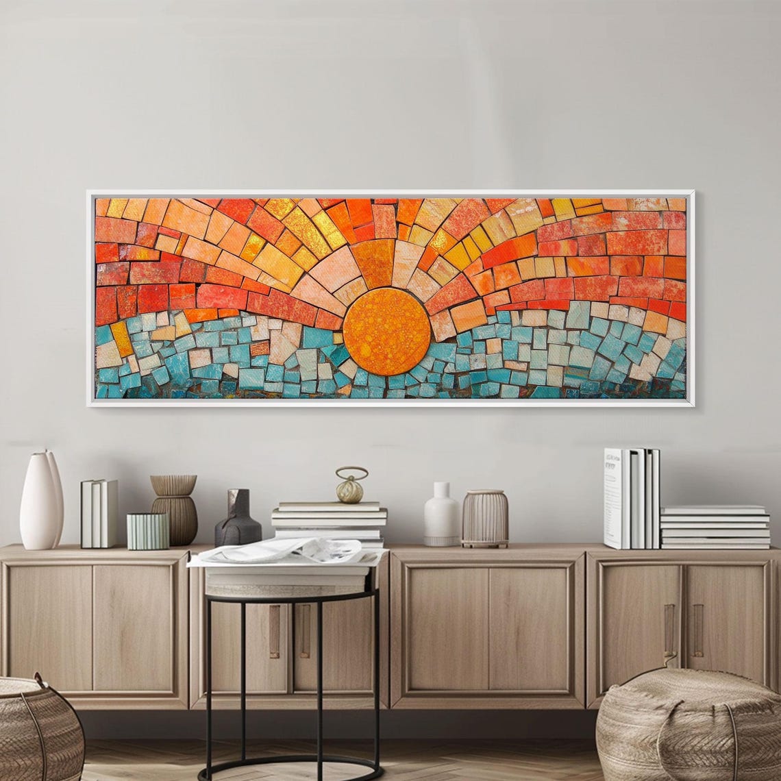 Mosaic Sunset Sun Over Turquoise Water Orange Tiles Wall Poster - Image 3