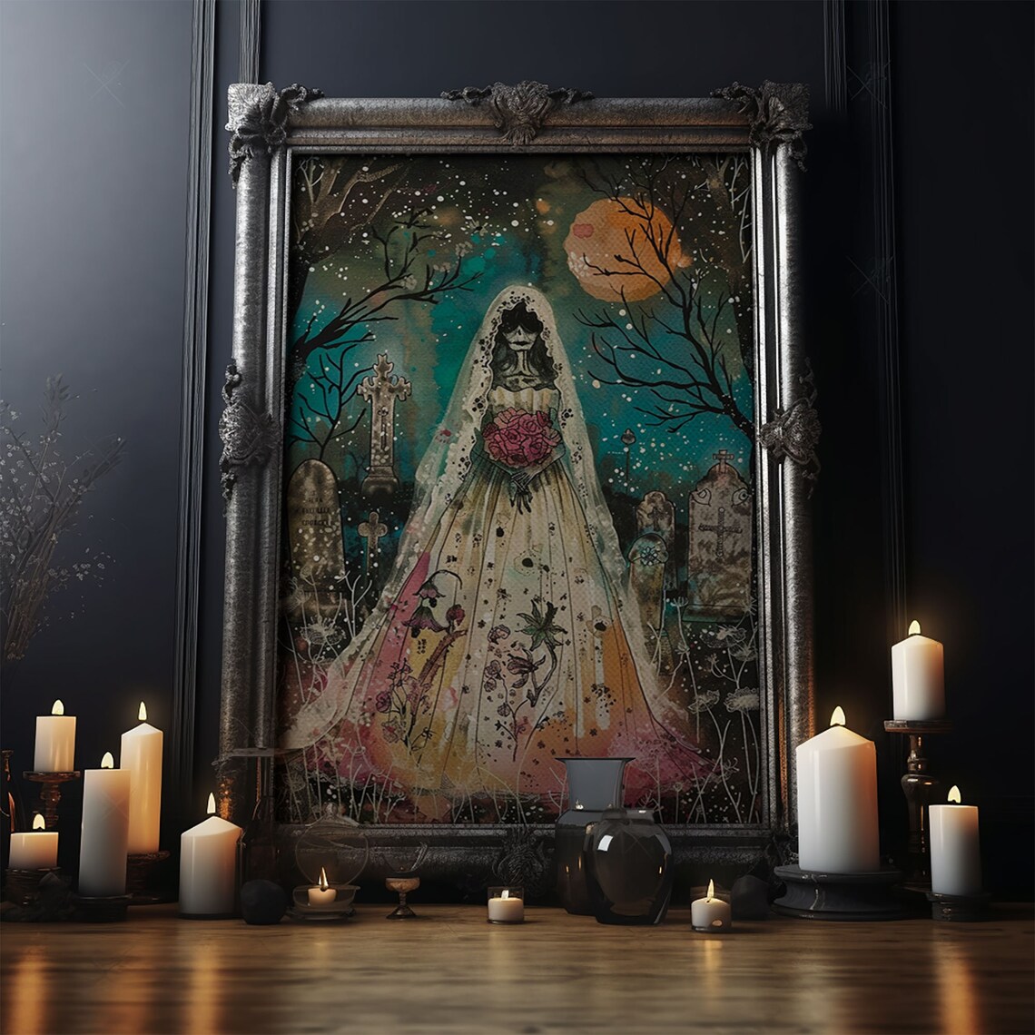 Skeleton Bride Graveyard Moonlit Cemetery Roses Watercolor Art Poster - Image 4