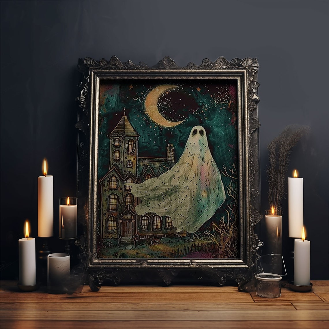 Ghost Crescent Moon Haunted House Spooky Night Halloween Art Poster - Image 5