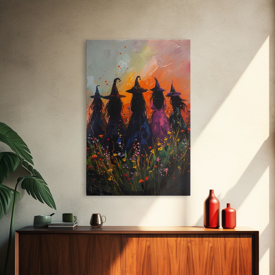 Five Witches Coven Sunset Silhouette Wildflowers Painterly Art Poster - Image 4