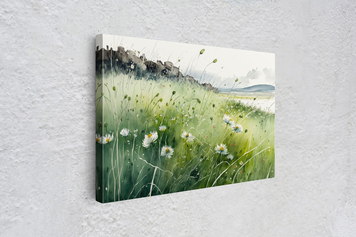 White Daisies Watercolor Hillside Green Meadow Coastal View Art Poster - Image 5