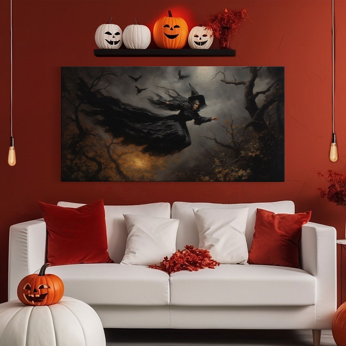 Witch Flying On Broom Over Misty Forest Full Moon Halloween Poster