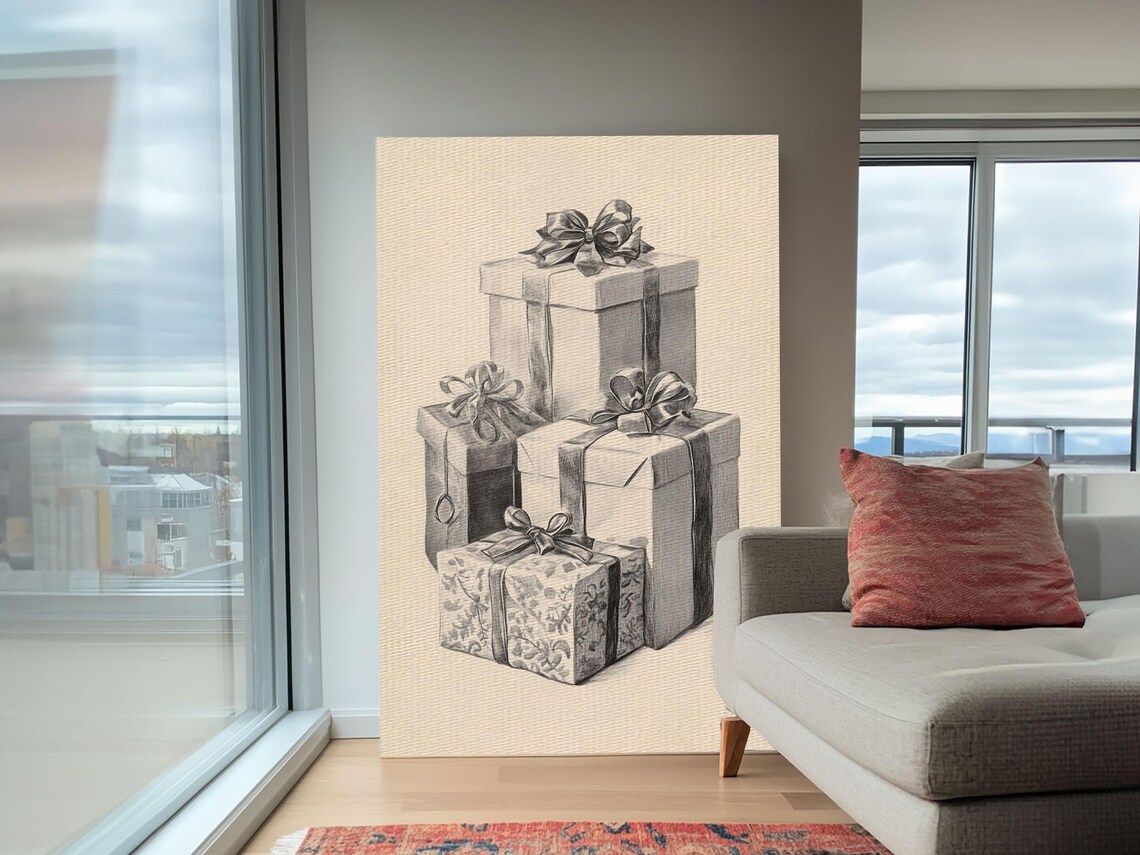 Christmas Gifts Sketch Minimalist Holiday Gift Boxes Pencil Art Poster - Image 5