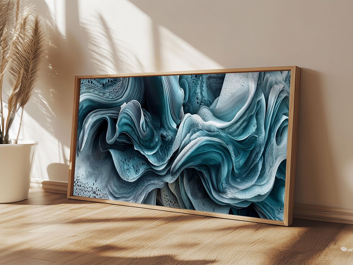 Blue Textured Ocean Wave Abstract Fluid Sage Coastal Bedroom Wall Art Print - Image 4