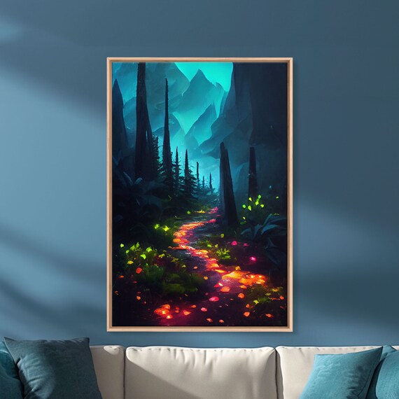 Luminescent Magical Forest Print Glowing Trail Though The Trees Fantasy Art Gloomy Wall Art Dark Decor