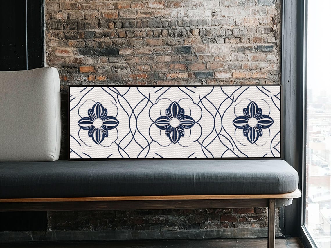 Navy Blue Floral Pattern Tile Art Moroccan Line Flower Wall Poster - Image 3
