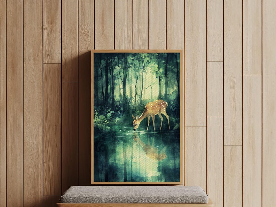 Young Deer Drinking Water Forest Reflection Watercolor Wildlife Poster - Image 6