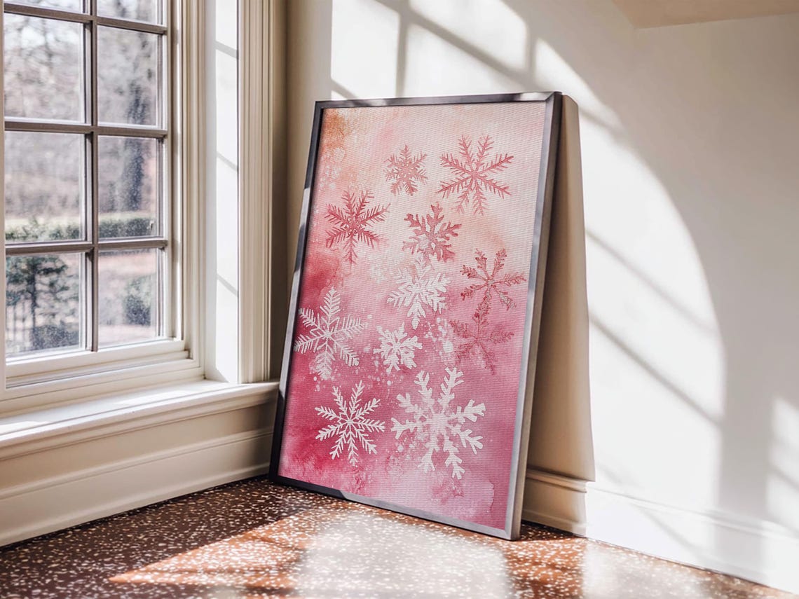 Pink Snowflakes Watercolor Winter Christmas Holiday Art Print - Image 3