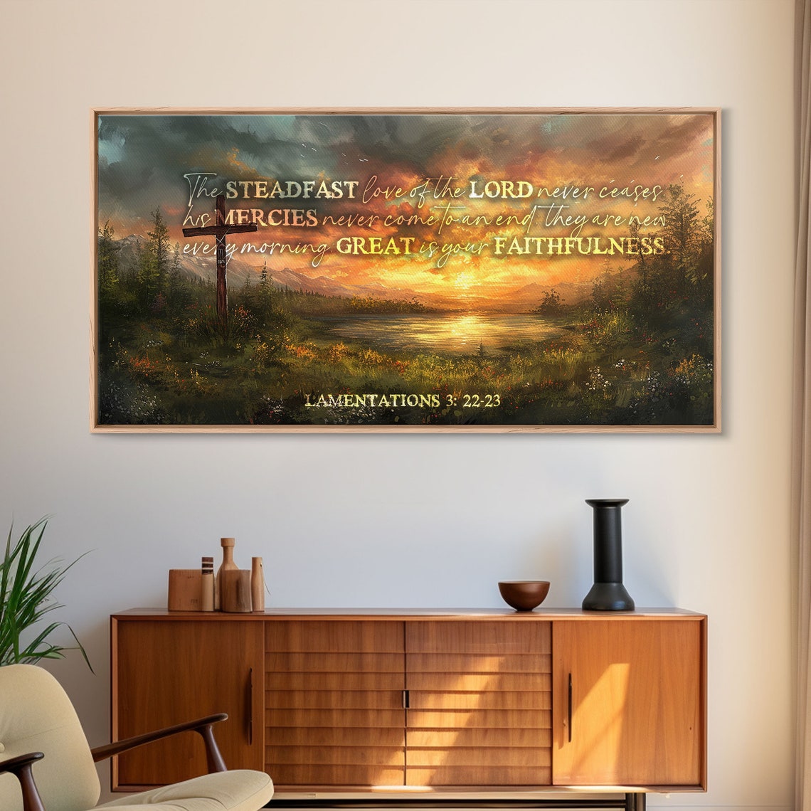 Lamentations 3:22-23 Great Is Your Faithfulness Cross Sunset Wall Art