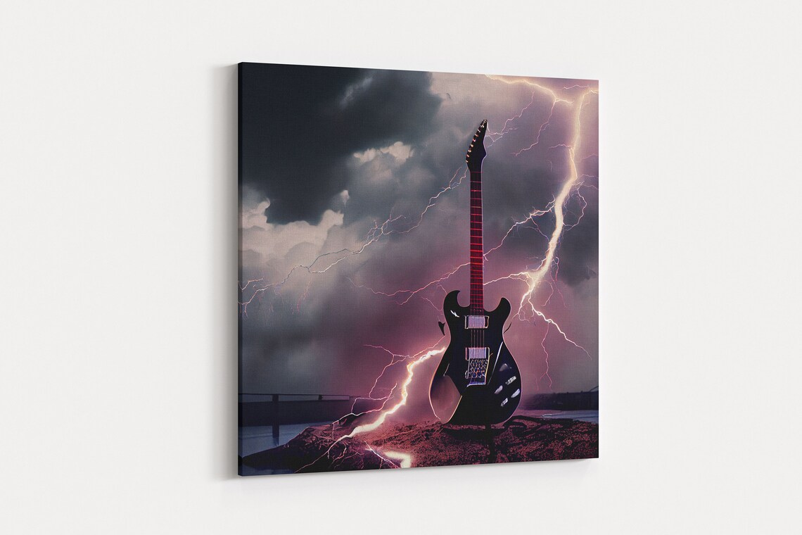 Rock N Roll Lightning Striking Black Guitar Art Print - Image 6