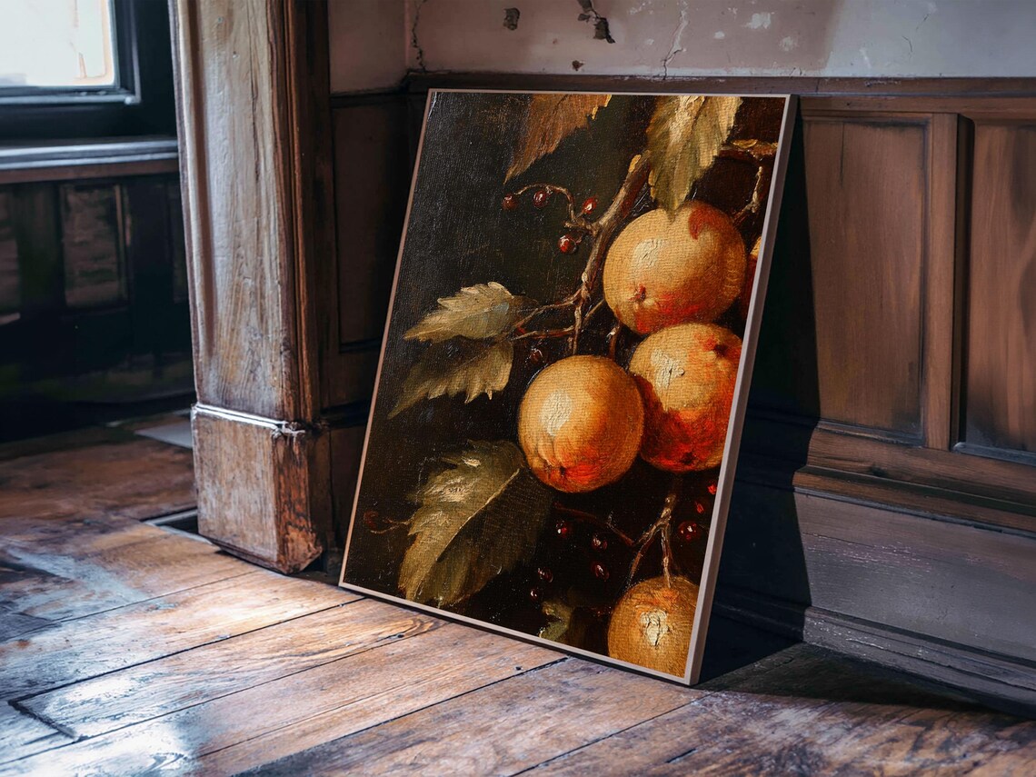 Antique Oranges On Branch Still Life Dark Oil Painting Art Print - Image 5