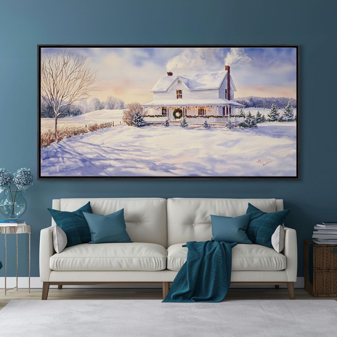 Snowy White Farmhouse Christmas Wreath Winter Dusk Art Print - Image 4