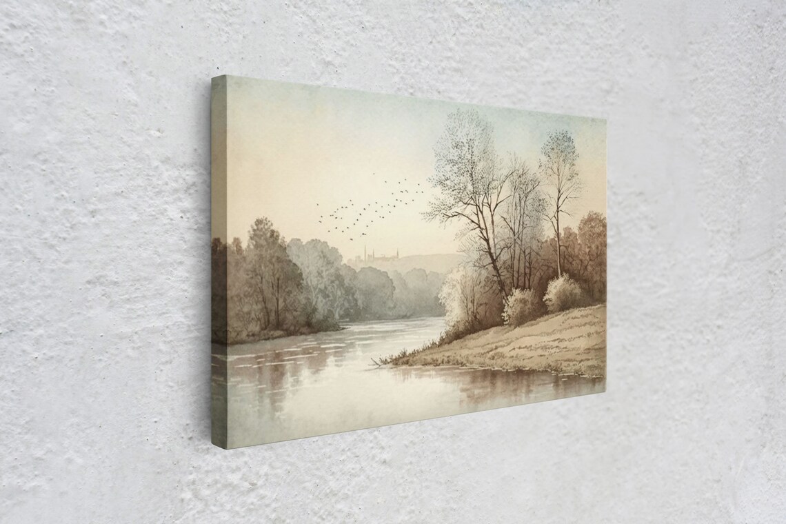 Vintage River Landscape Birds Trees Soft Sepia Countryside Art Poster - Image 3