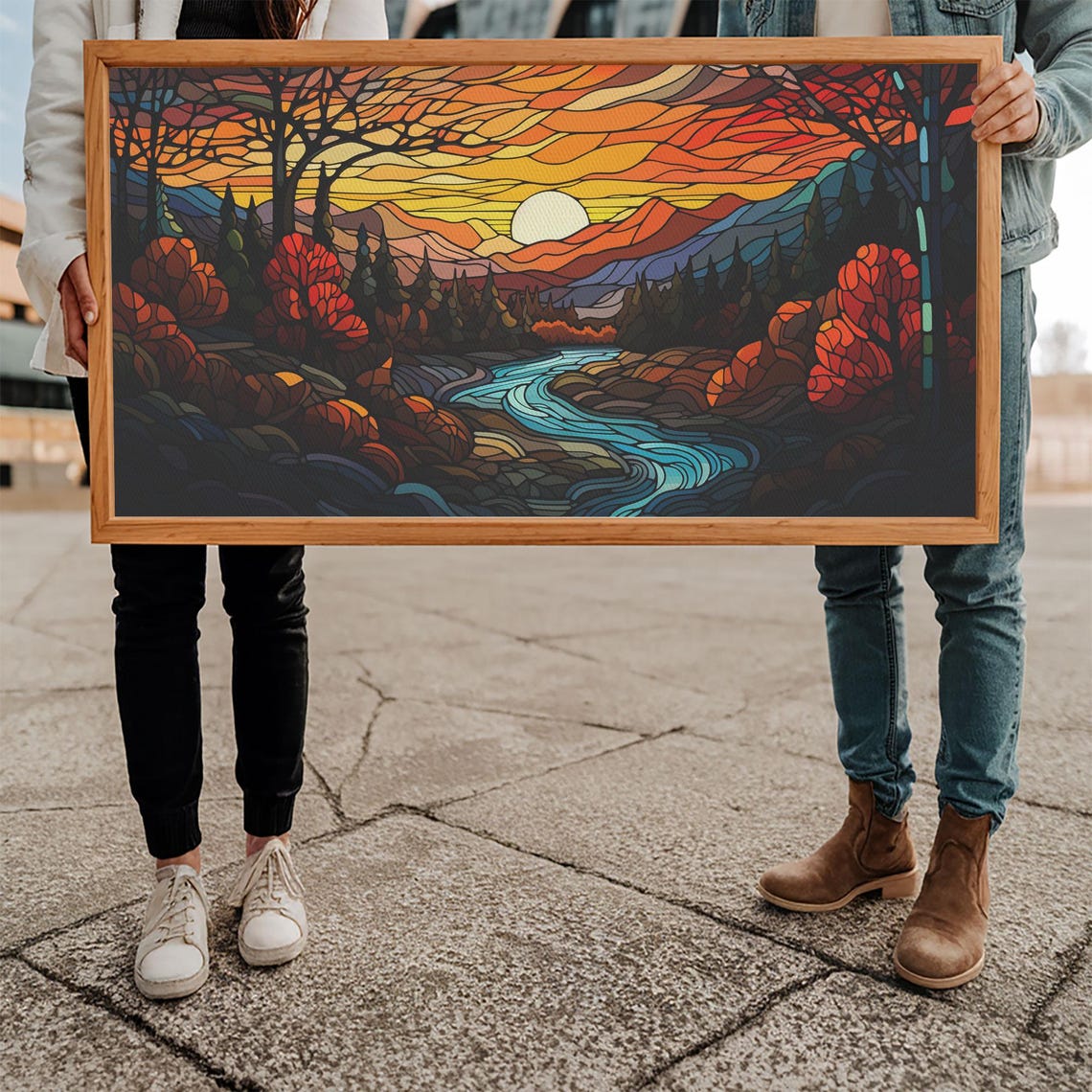 Stained Glass Autumn Landscape Winding River Sunset Mountains Poster - Image 5