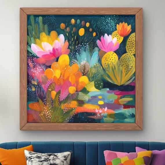 Colorful Abstract Cactus Flower Night Garden Painting Poster