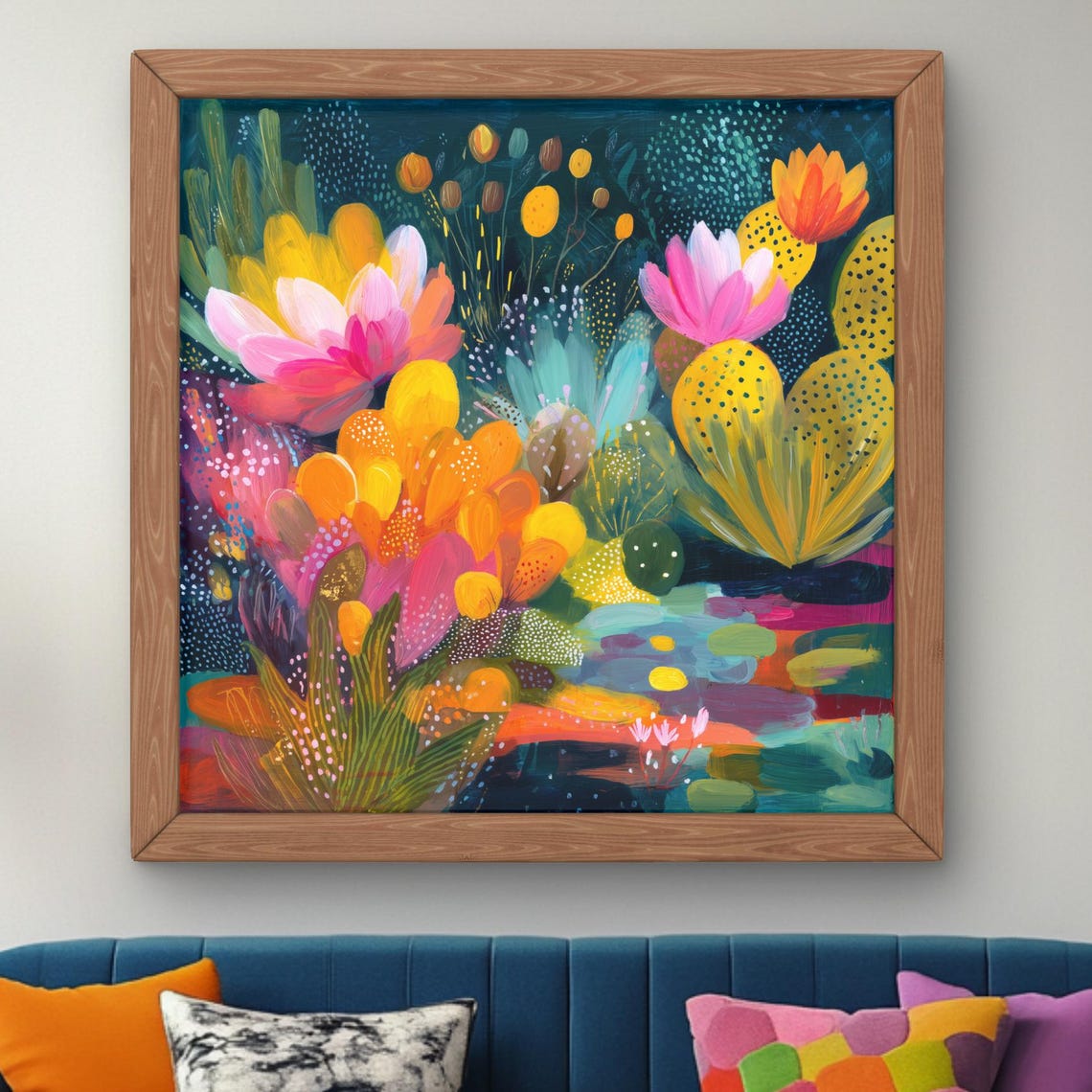 Colorful Abstract Cactus Flower Night Garden Painting Poster