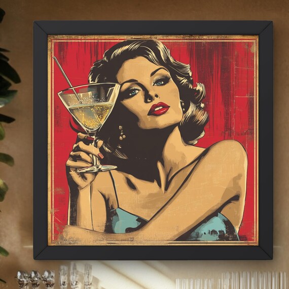 Retro Pinup Glam Lady Martini Cocktail Red Pop Art Wall Poster