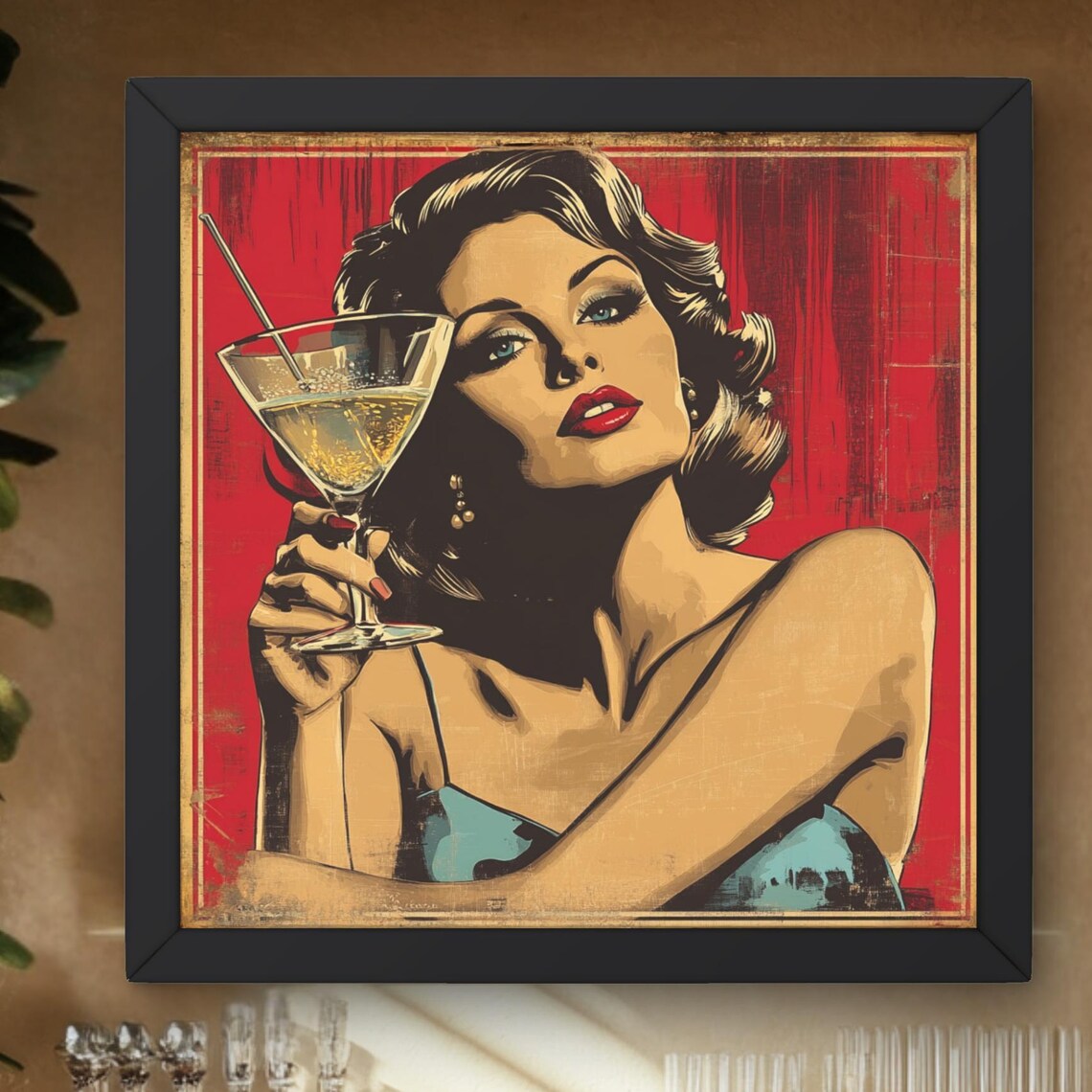 Retro Pinup Glam Lady Martini Cocktail Red Pop Art Wall Poster