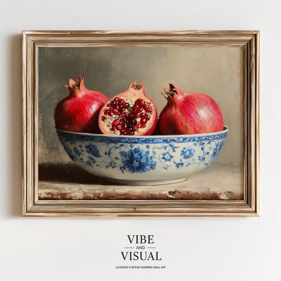 Vintage Stilllife Of Three Ripe Pomegranates Classic Moody Wall Art Neutral Decor Farmhouse 183