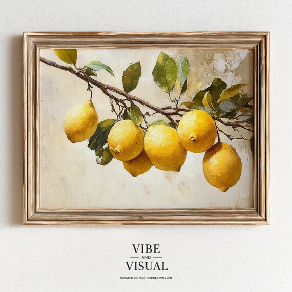 Golden Lemons on Leafy Branch Rustic Farmhouse Still Life Wall Art