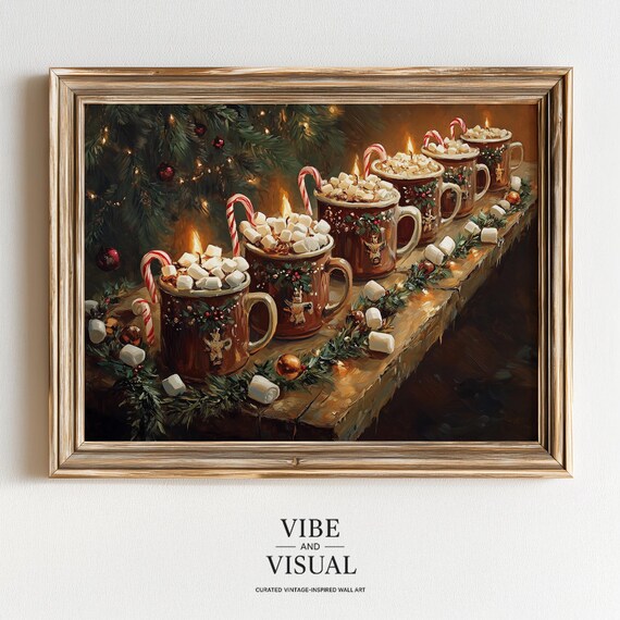Row Of Vintage Christmas Cocoa Mugs Marshmallows Candlelight Art Poster