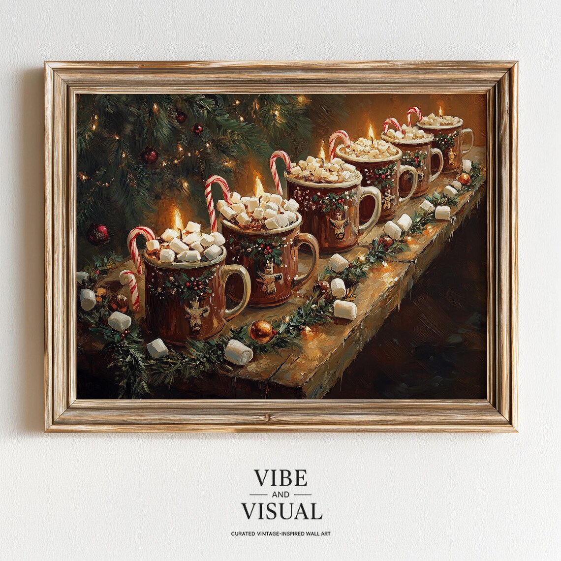 Row Of Vintage Christmas Cocoa Mugs Marshmallows Candlelight Art Poster