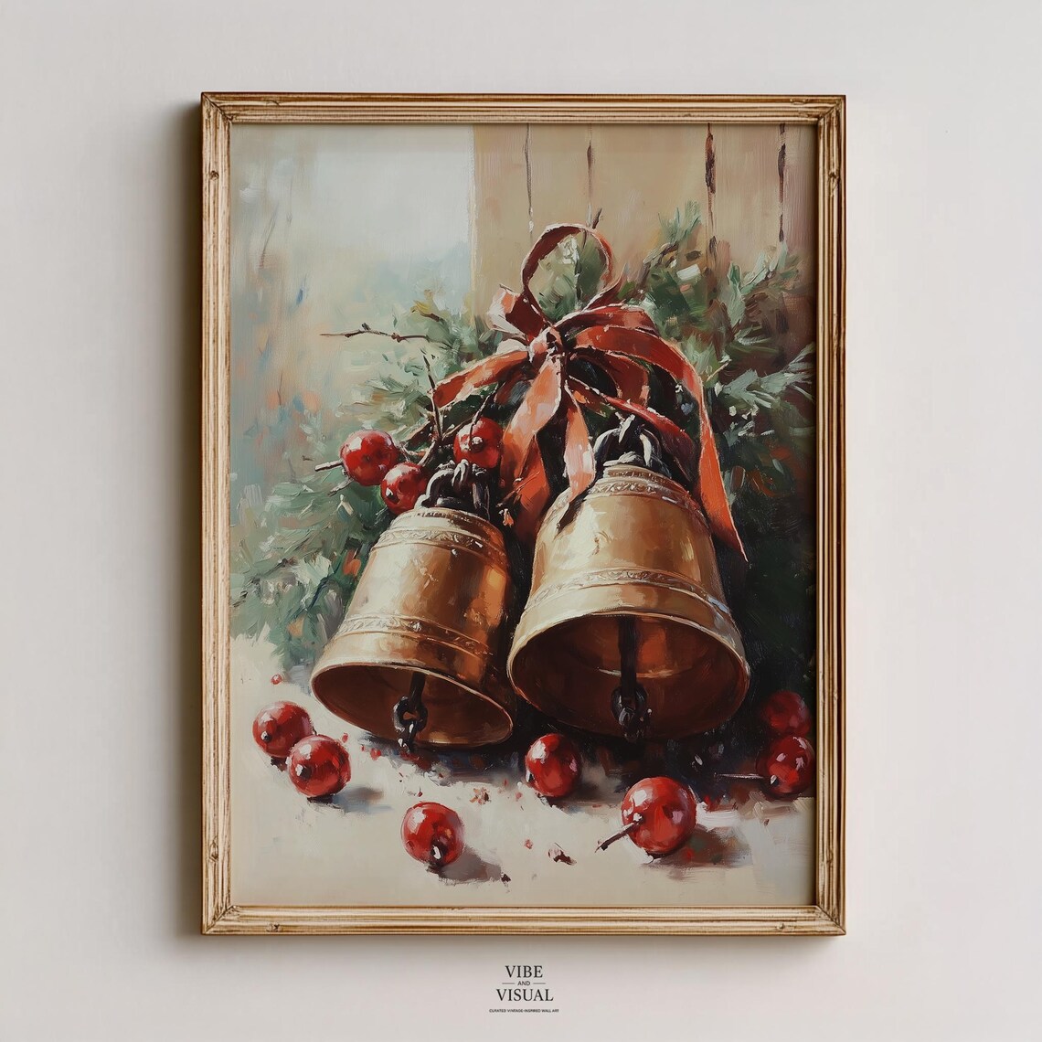 Vintage Brass Christmas Bells Red Ribbon Holiday Berries Art Poster