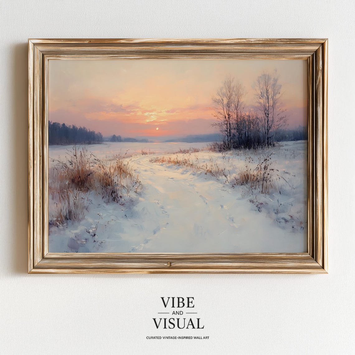 Snowy Winter Fields Sunset Pastel Landscape Painting Wall Art