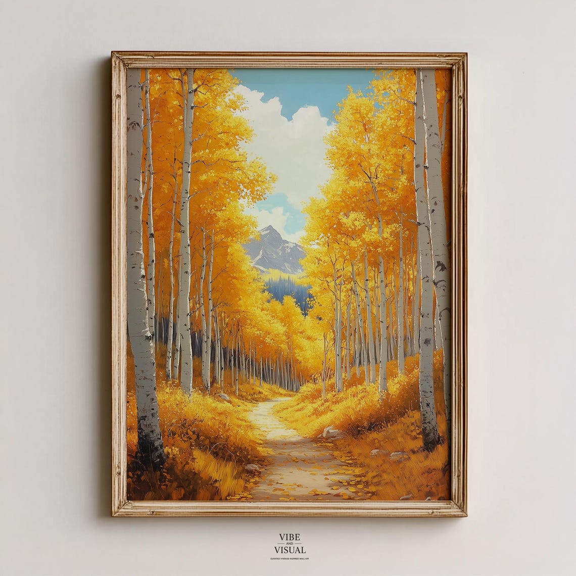 Autumn Pathway Through Golden Aspens Mountain View Fall Forest Painting Poster