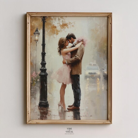 Romantic Rainy City Stroll Cityscape Lovers Embrace In Autumn Shades Moody Vintage Couples Art Instant 414