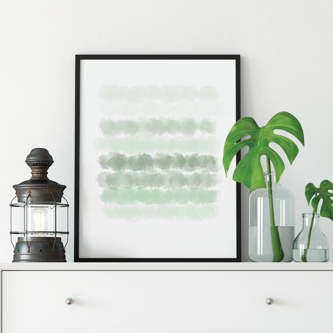 Sage Green Watercolor Brush Stroke Modern Minimalist Abstract Wall Art
