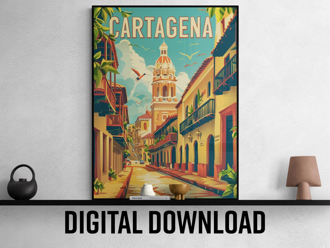 Cartagena Vibrant Colonial Street Cathedral Tower Travel Poster