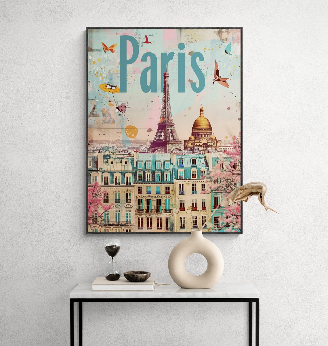 Paris Eiffel Tower Butterfly Collage Teal Vintage France Travel Poster - Image 4