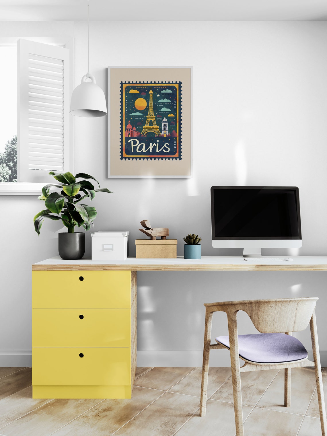 Paris Golden Eiffel Tower Night Sky Postage Stamp Style Travel Poster - Image 4