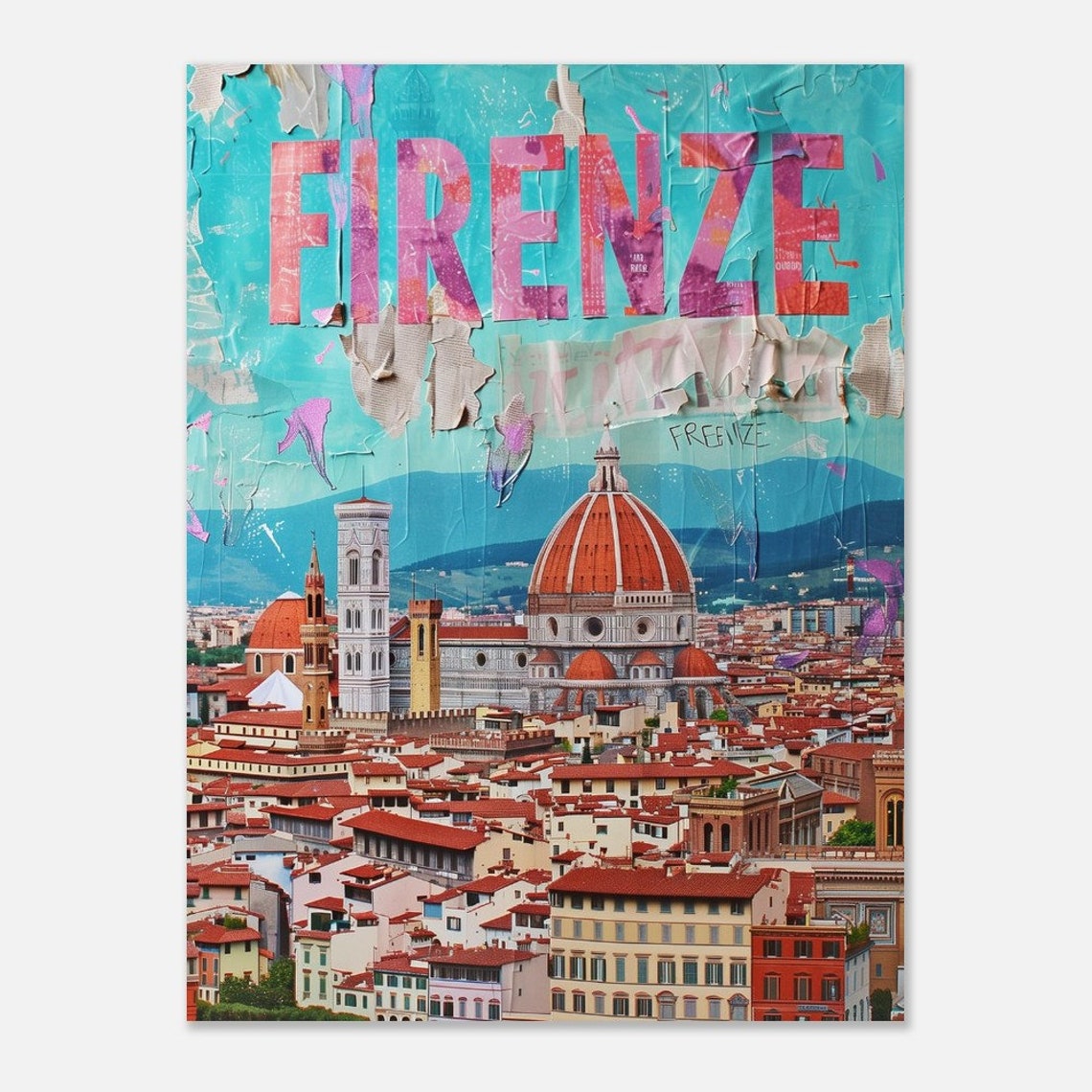 Firenze Florence Duomo Red Dome Rooftops Torn Paper Travel Poster - Image 2