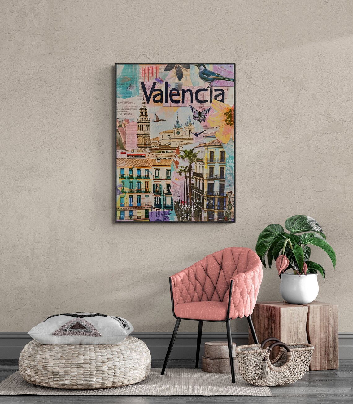 Valencia Old Town Bell Tower Butterfly Flowers Collage Travel Poster - Image 4