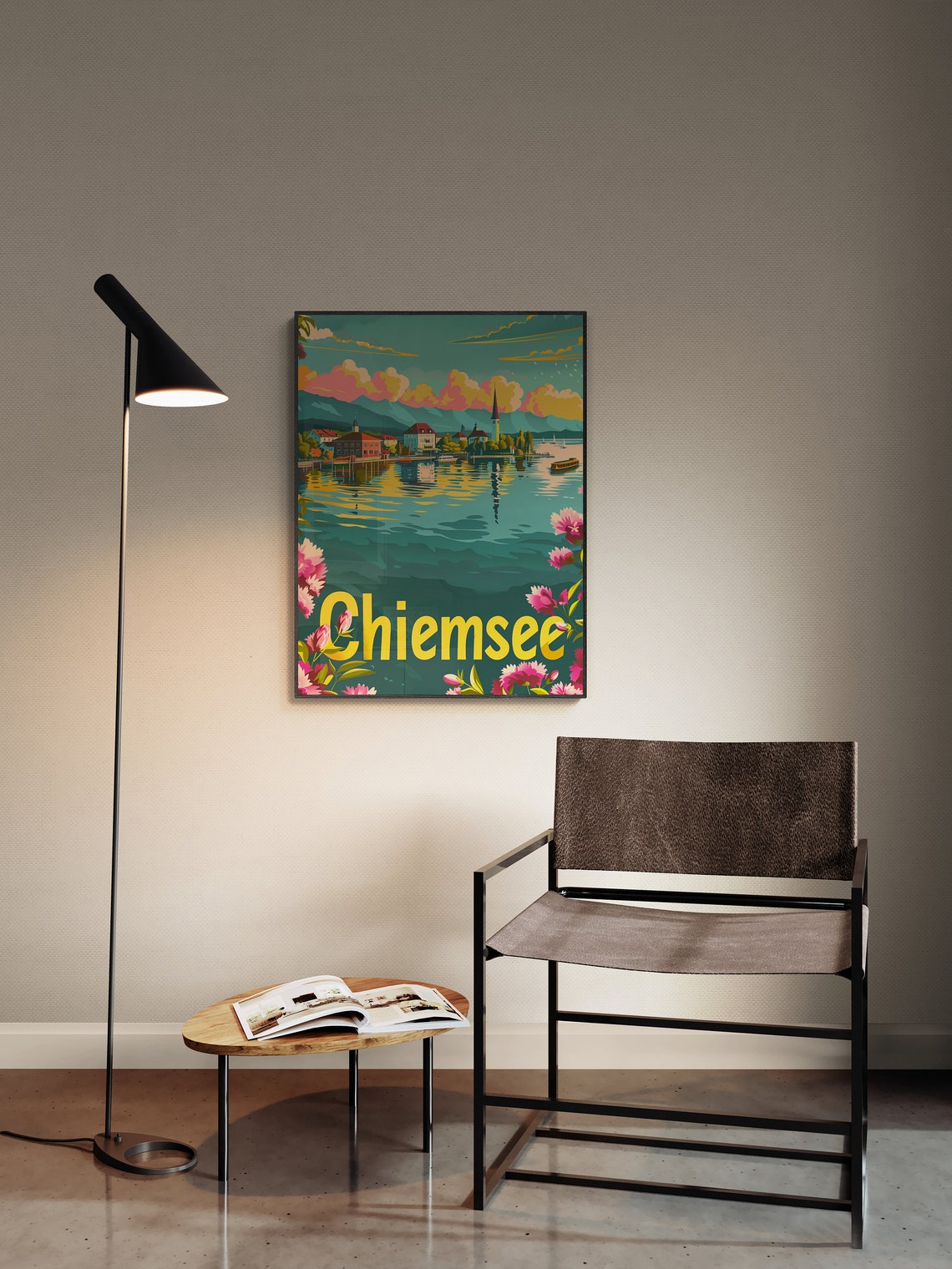 Chiemsee Lake Bavaria Village Blossom Retro Sunset Travel Poster - Image 3