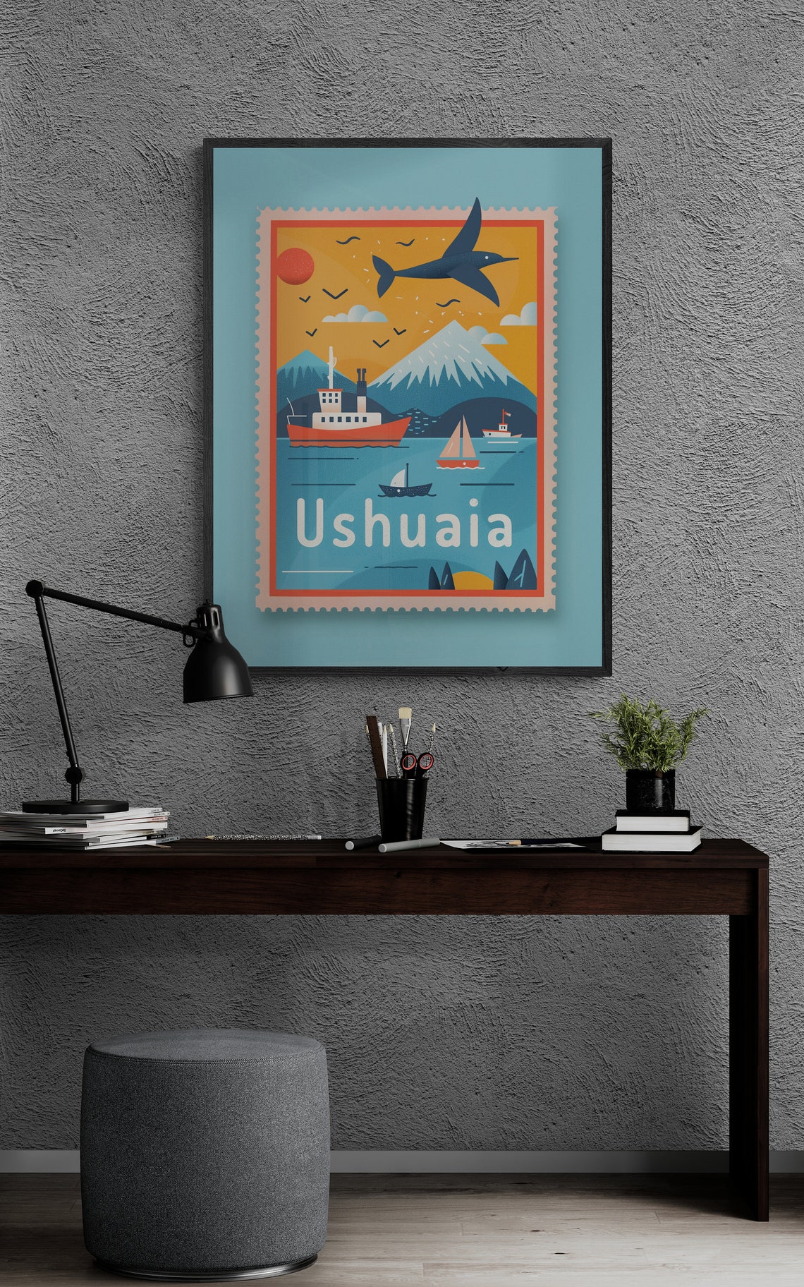 Ushuaia Argentina Ships Mountain Retro Stamp Travel Art Poster - Image 3