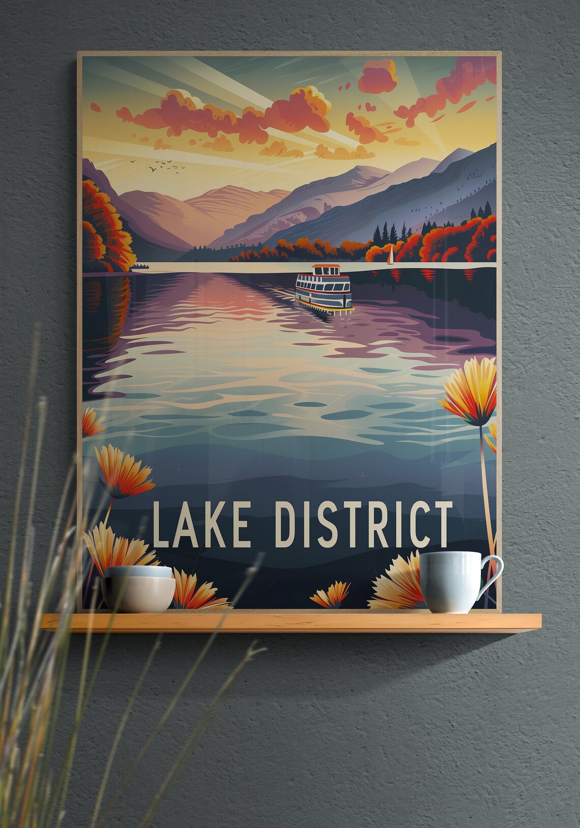 Lake District England Lake Steamer Fells Autumn Retro Poster - Image 3