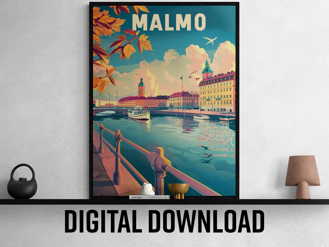 Malmo Harbor Boats Waterfront Railing Autumn Leaves Travel Poster - Image 3