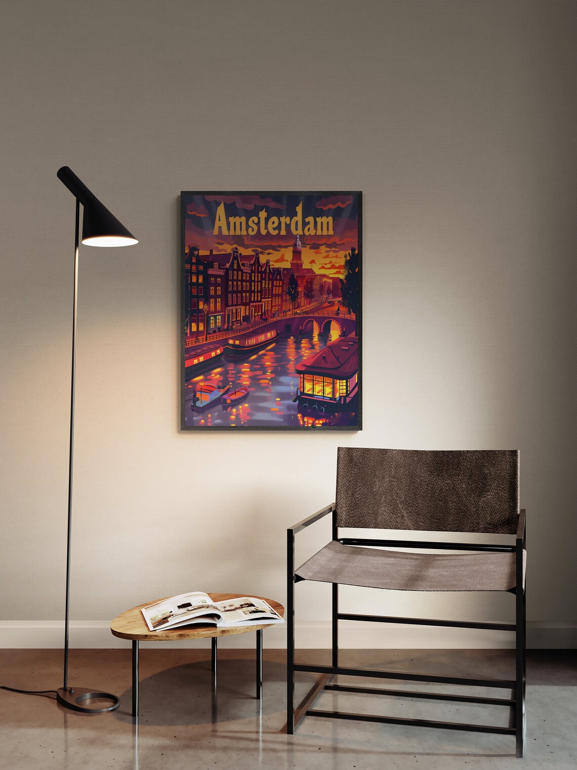 Amsterdam Night Canal Houseboats Bridge Glow Vintage Travel Poster - Image 3