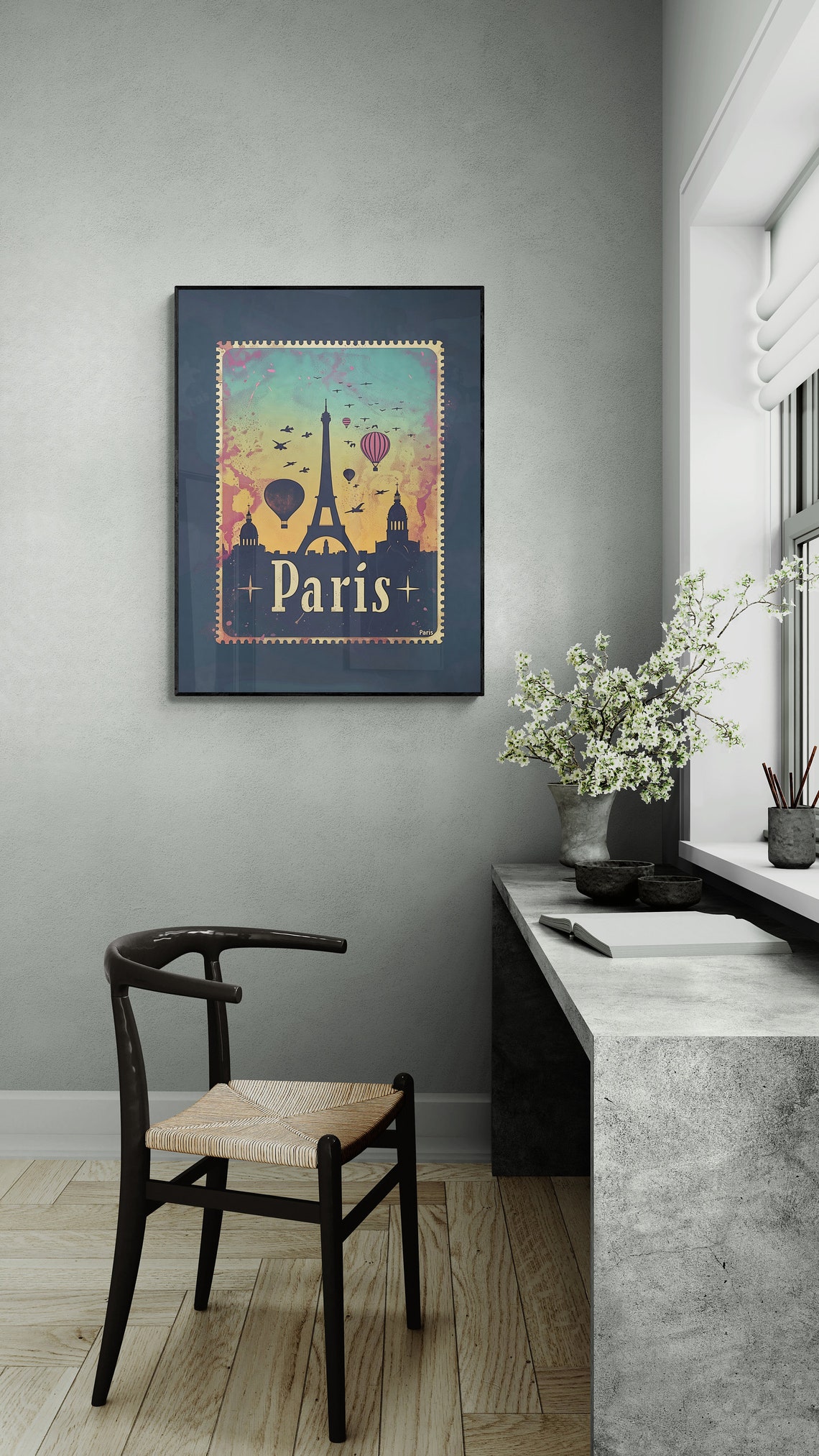 Paris Eiffel Tower Hot Air Balloons Sunset Stamp Style Travel Poster - Image 3