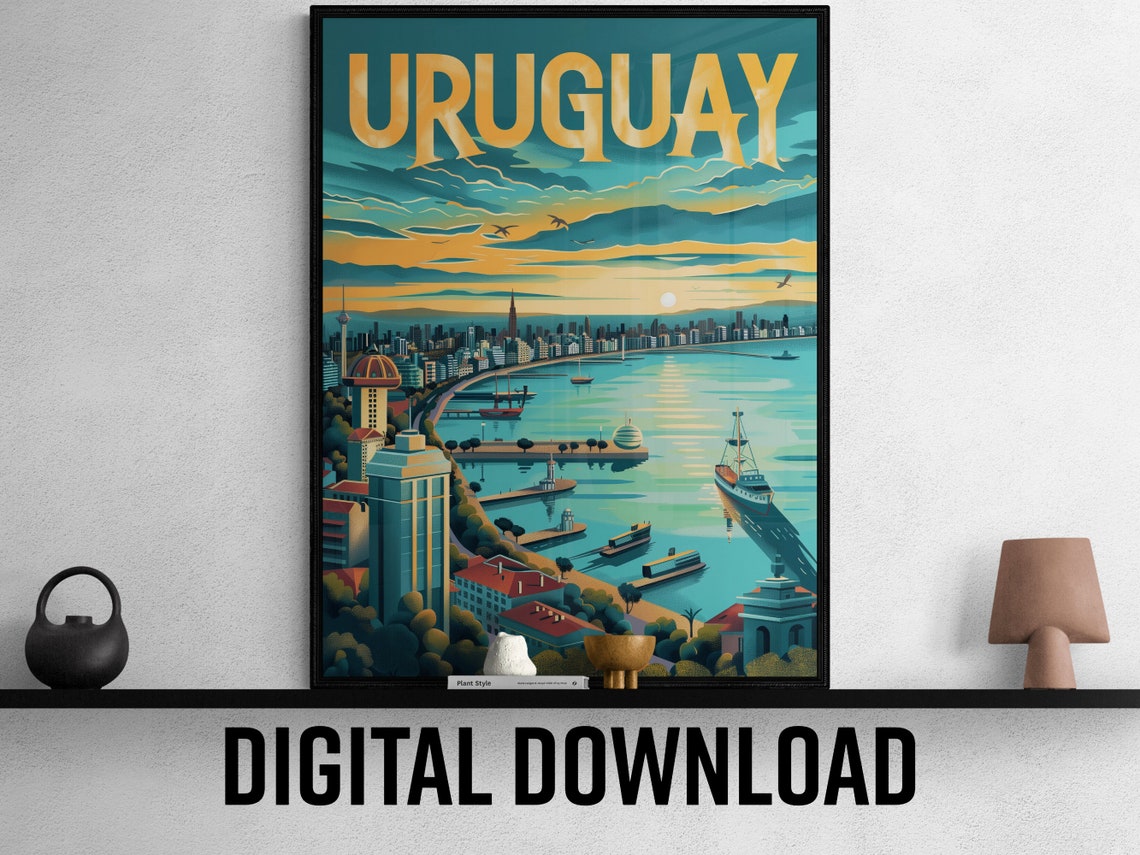 Uruguay Coastal Harbor Boats City Skyline Sunset Travel Poster - Image 2