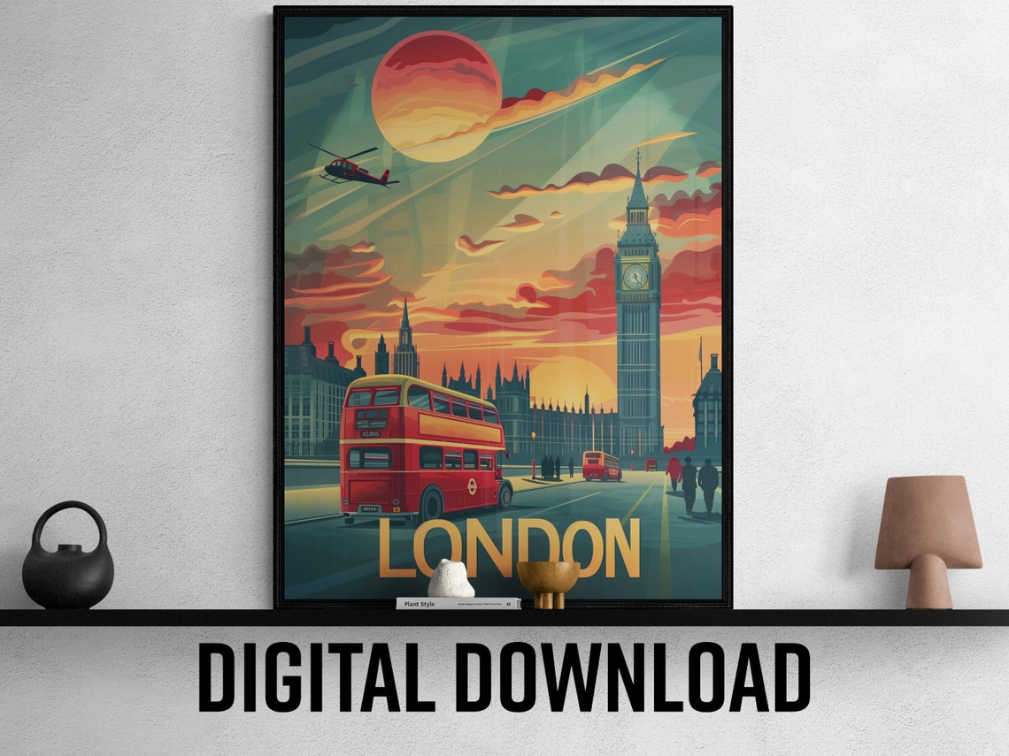 London Red Double Decker Bus Passing Big Ben Sunset Travel Poster