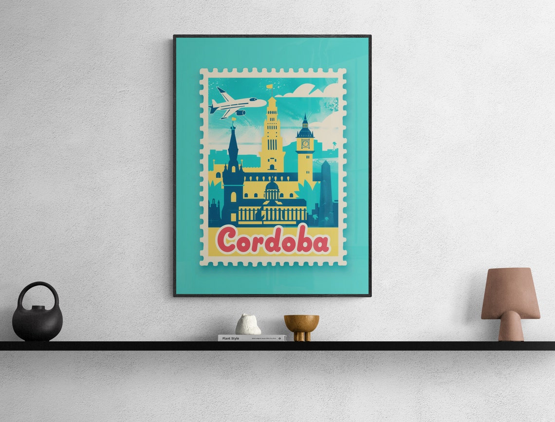 Cordoba Historic Towers Airplane Vintage Travel Stamp Style Poster - Image 5