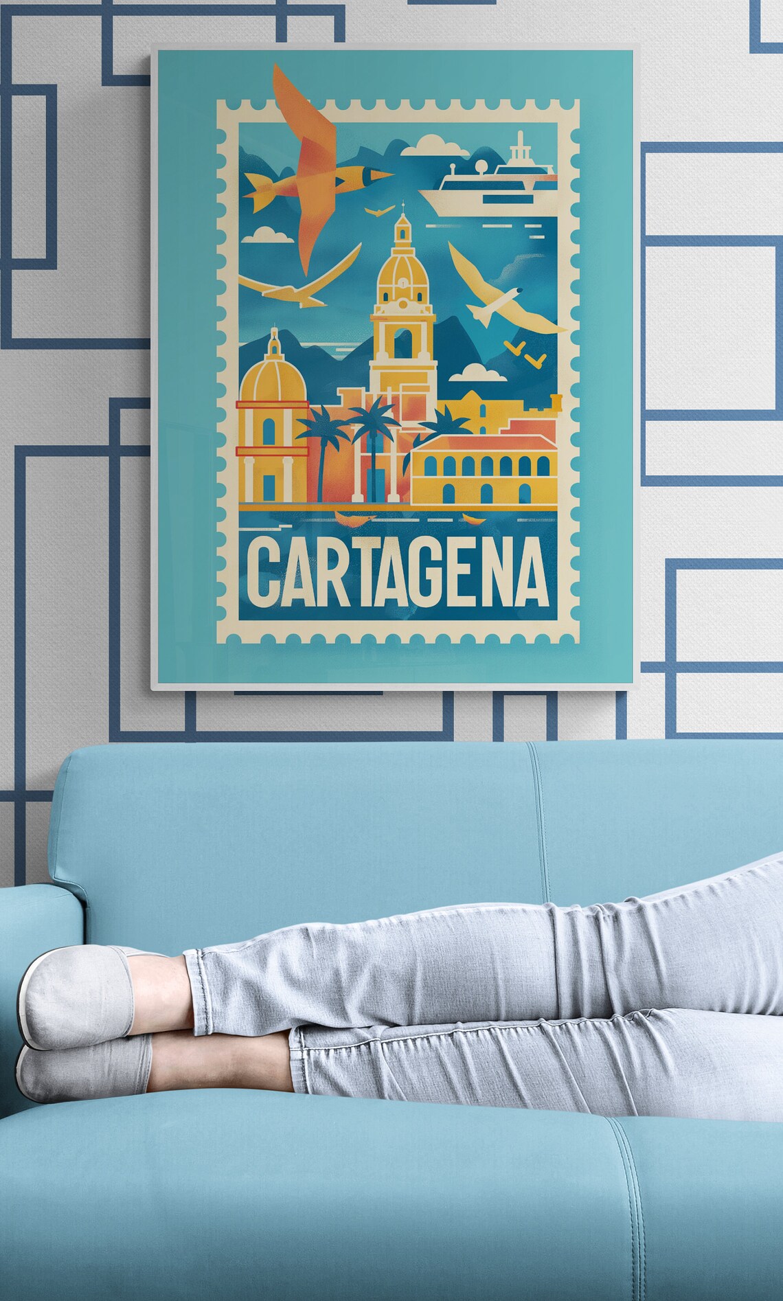 Cartagena Colonial Towers Seabirds Vintage Travel Stamp Poster - Image 5